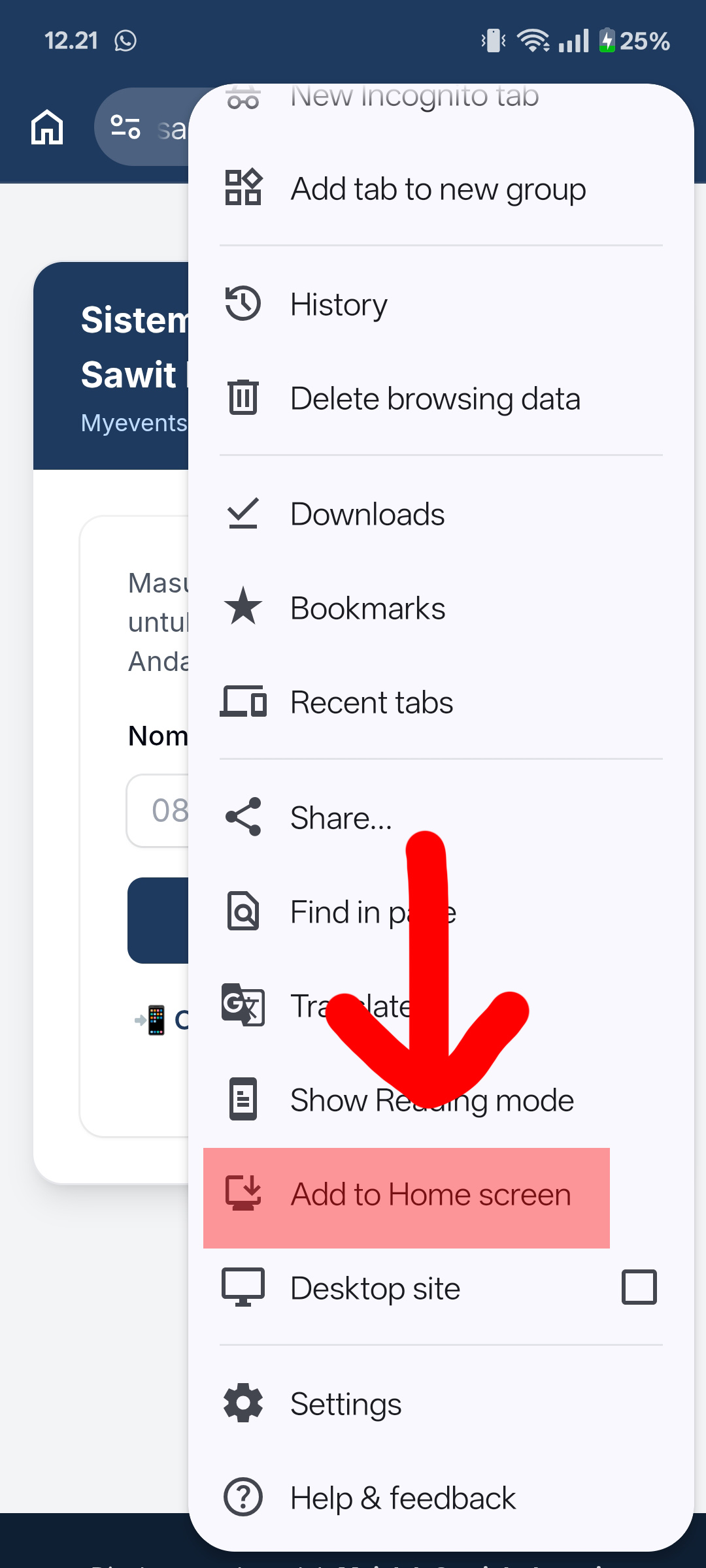Pilih Add to Home screen di menu Chrome